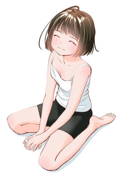 Rule 34 | 1girl, ^ ^, ahoge, bare shoulders, barefoot, between legs, bike shorts, black shorts, brown hair, closed eyes, collarbone, feet, from above, full body, hand between legs, original, own hands together, shadow, shirt, short hair, shorts, simple background, sitting, sleeveless, sleeveless shirt, smile, soles, solo, toes, white background, white shirt, yamanaka kouji (yanchiki2001), yokozuwari