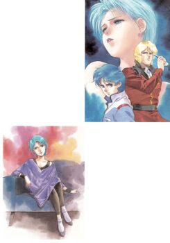 1980s_(style) 1980s_fashion 1990s_(style) 1girl 2boys absurdres aeug aqua_hair blonde_hair blue_eyes blue_hair char_aznable comparison couch four_murasame gundam highres kamille_bidan kitazume_hiroyuki magazine_scan military_uniform mullet multiple_boys official_art oldschool painting_(medium) purple_lips quattro_bajeena removing_eyewear retro_artstyle scan science_fiction short_hair sitting sunglasses titans_(gundam) traditional_media watercolor_(medium) wristband zeta_gundam zeta_gundam_define