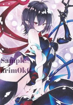 1girl arim0k0 artist_name asymmetrical_wings bare_shoulders black_dress black_gloves black_hair black_panties black_shoes black_thighhighs blue_wings bow bowtie breasts closed_mouth commentary dress elbow_gloves garter_straps gloves hair_between_eyes highres holding holding_polearm holding_weapon houjuu_nue looking_at_viewer medium_breasts nail_polish panties pantyshot pointy_ears polearm red_bow red_bowtie red_eyes red_nails red_wings sample_watermark shoes short_hair single_glove sleeveless sleeveless_dress smile snake snake_wrapped_around_arm solo thighhighs thighs touhou traditional_media two-tone_wings underwear watermark weapon wings