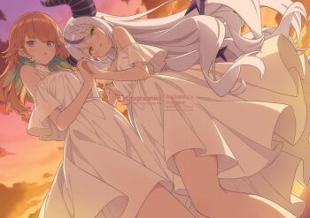 2girls ahoge black_horns braid braided_bangs breasts colored_inner_hair commentary demon_girl demon_horns double-parted_bangs dress dusk earrings feather_earrings feathers gradient_hair green_feathers green_hair grey_hair hair_flaps holding_hands hololive hololive_english horns jewelry kanzaki_hiro la+_darknesss long_hair looking_at_viewer medium_breasts multicolored_hair multiple_girls off-shoulder_dress off_shoulder open_mouth orange_hair outdoors pointy_ears purple_eyes purple_hair short_sleeves single_hair_streak slit_pupils streaked_hair striped_horns symbol-only_commentary tail takanashi_kiara very_long_hair virtual_youtuber watermark white_dress yellow_eyes