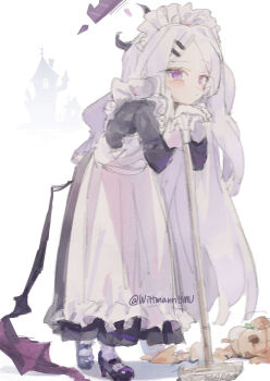 absurdres alternate_costume apron black_dress black_footwear blue_archive blurry broom closed_mouth dress enmaided full_body hair_ornament hairclip halo highres hina_(blue_archive) holding holding_broom house long_dress long_hair long_sleeves looking_at_viewer maid maid_apron maid_headdress mary_janes purple_eyes shoes simple_background sketch socks standing static twitter_username white_background white_hair white_socks wittmann_(ehvr8373)