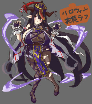 ahoge animal_print bandaged_arm bandages belt bikini breasts chain clothing_cutout colorized cow_print danua draph granblue_fantasy grey_background highres hizakake horns huge_breasts jewelry jiangshi jiangshi_costume lactation long_ears long_hair looking_at_viewer purple_hair red_eyes shortstack sketch swimsuit tagme thighhighs thumb_in_mouth