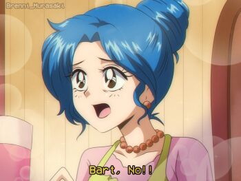 1990s_(style) 1girl animification apron blue_hair brenni_murasaki brown_eyes death_tome earrings english_text green_apron hair_bun indoors jewelry marge_simpson mature_female necklace open_mouth pink_shirt retro_artstyle shirt solo subtitled the_simpsons upper_body