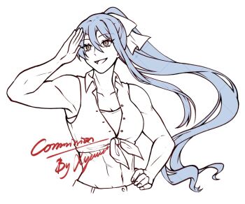 Rule 34 | abs, blue hair, breasts, brown eyes, commentary, commission, crop top, double-parted bangs, eiyuu densetsu, english commentary, english text, floating hair, hair between eyes, hand on own hip, highres, large breasts, laura s. arseid, long hair, long single sidelock, midriff, navel, ponytail, sen no kiseki (series), shirt, single sidelock, tied shirt, upper body, very long hair, yewlania