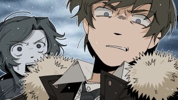 Rule 34 | 1boy, 1girl, angry, black necktie, blue eyes, brown hair, clenched teeth, dress shirt, fur-trimmed hood, fur trim, game cg, hood, hood down, indoors, lapels, looking at another, looking at viewer, marina kaplan, necktie, non-web source, nopanamaman, notched ear, official art, outdoors, school uniform, self-datamine, shirt, snowing, teeth, vadim garin, z.a.t.o. // i love the world and everything in it