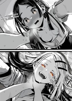 2girls blush breasts commentary drooling english_commentary english_text gakuen_idolmaster greyscale highres idolmaster kunitoro_(artist) kuramoto_china long_hair lying monochrome multiple_girls nipples on_back open_mouth orange_eyes saliva shinosawa_hiro small_breasts spot_color strangling yuri