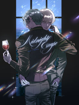 2boys absurdres alcohol artist_name black_vest blonde_hair challia_bull char_aznable character_name closed_mouth commentary_request cowboy_shot cup drinking_glass green_hair green_jacket green_pants green_shirt gundam gundam_gquuuuuux halcyon_(gugfuggugfug) hand_in_pocket highres holding holding_cup jacket lapels long_sleeves looking_at_viewer male_focus multiple_boys pants parted_lips red_wine shirt short_hair signature smile sparkle title vest white_gloes window wine wine_glass yaoi