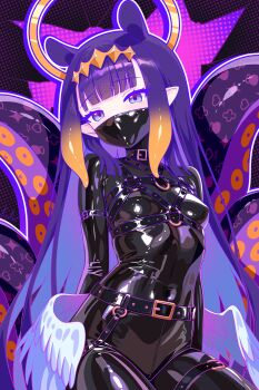 Rule 34 | 1girl, absurdres, alternate costume, belt, blue eyes, blunt bangs, bodysuit, breasts, chest harness, cosplay, diamond hairband, finn flint, gimp suit, gradient hair, halo, harness, highres, hololive, hololive english, latex, latex bodysuit, long hair, looking at viewer, low wings, mask, mouth mask, multicolored hair, ninomae ina'nis, ninomae ina'nis (cosplay), orange hair, pointy ears, purple hair, shiny clothes, sidelocks, small breasts, solo, tentacle hair, tentacles, very long hair, virtual youtuber, wings