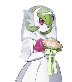1girl 2025 blush bob_cut bouquet bow_(bhp) breasts colored_skin commentary covered_erect_nipples dress elbow_gloves female_focus flower gardevoir gen_3_pokemon gloves green_hair hair_over_one_eye holding holding_bouquet large_breasts mega_gardevoir mega_pokemon nintendo pokemon pokemon_(anime) pokemon_(creature) pokemon_focus poketoon red_eyes simple_background smile solo strapless strapless_dress upper_body variant_set veil white_background white_dress white_skin