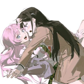 2girls bang_dream! bang_dream!_it&#039;s_mygo!!!!! black_hair brown_dress chihaya_anon chinese_commentary commentary_request dress fang grey_eyes hanasakigawa_school_uniform hand_on_another&#039;s_head haneoka_school_uniform highres interlocked_fingers jacket long_hair lu_bian_de_yecao_zai_changge mole mole_under_eye multiple_girls open_clothes open_jacket open_mouth pink_hair purple_eyes school_uniform shiina_taki shirt white_shirt yuri