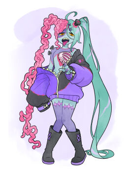 1girl absurdres bone boots brain colored_skin doodlelotl grey_hair grey_skin guro hatsune_miku highres hood hoodie looking_at_viewer object_through_head open_mouth purple_skin ribs screw screw_in_head sharp_teeth solo standing stitches teeth tongue tongue_out twintails vocaloid yellow_eyes zombie