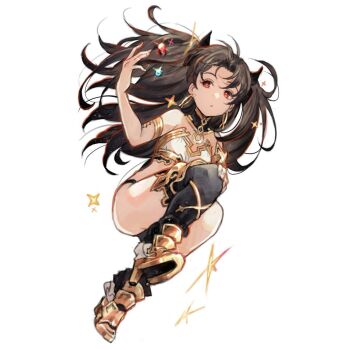 1girl bare_shoulders black_hair black_thighhighs boots collar earrings expressionless fate/grand_order fate_(series) floating floating_object from_below full_body gem green_gemstone high_heel_boots high_heels highres ishtar_(fate) jewelry long_hair looking_at_object red_eyes sideways_glance single_thighhigh star_(symbol) thighhighs two_side_up ugo_(artist)