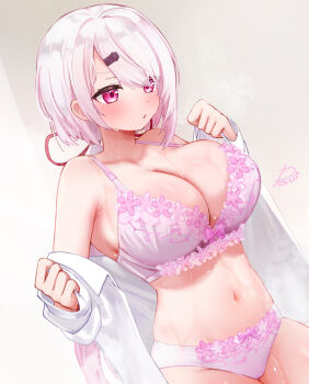 1girl artist_name blush bow bow_bra bow_panties bra breasts cleavage collarbone commentary_request festa11307070 floral_print floral_print_bra floral_print_panties hair_ornament hair_ribbon hairclip huge_breasts long_hair long_sleeves looking_to_the_side low_ponytail navel nijisanji open_clothes open_mouth open_shirt panties pink_bow pink_bra pink_eyes pink_hair pink_panties ponytail print_panties red_ribbon ribbon shiina_yuika shirt signature sleeves_past_wrists solo steaming_body stomach sweat thighs underwear virtual_youtuber white_background white_shirt