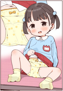 1girl abaji black_eyes black_hair blue_shirt border bow bow_panties clothes_lift flashing hair_bobbles hair_ornament inset_border kindergarten_uniform lifting_own_clothes loli long_sleeves looking_at_viewer multiple_views name_tag open_mouth original panties print_panties red_skirt shirt short_hair short_twintails sitting skirt skirt_lift smile smock socks spread_legs star_(symbol) star_print_panties star_print tareme twintails underwear variant_set white_border yellow_panties