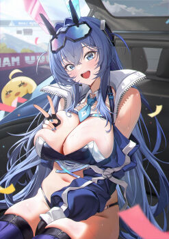 1girl absurdres amam_(64943468) azur_lane between_breasts black_gloves blue_eyes blue_hair blue_nails blue_necktie blue_panties blue_shrug blue_sky blush breasts car car_trunk cleavage commentary_request crop_top crossed_bangs day fingerless_gloves gloves goggles goggles_on_head gradient-tinted_eyewear groin hair_between_eyes hair_intakes hand_between_thighs hand_on_own_chest hand_up headgear highres large_breasts light_particles long_hair looking_at_viewer manjuu_(azur_lane) motor_vehicle nail_polish navel necktie necktie_between_breasts new_jersey_(azur_lane) new_jersey_(black_blur_prelude)_(azur_lane) official_alternate_costume on_car open_clothes open_mouth outdoors panties race_queen racetrack shrug_(clothing) sidelocks sitting sky smile solo sports_car sweat teeth thighs tinted_eyewear underwear unzipped upper_teeth_only v very_long_hair