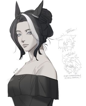 1girl absurdres animal_ears bare_shoulders black_hair black_shirt braid braided_bun breasts character_request chocoyanstickz cleavage collarbone commentary ear_ornament english_commentary frilled_skirt frills grey_eyes hair_bun highres horse_ears horse_girl medium_breasts mejiro_ramonu_(umamusume) multicolored_hair off-shoulder_shirt off_shoulder parted_bangs shirt short_hair simple_background single_hair_bun skirt solo translation_request umamusume white_background white_hair