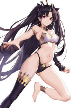 Rule 34 | 1girl, absurdres, anklet, armlet, asymmetrical legwear, asymmetrical sleeves, barefoot, bikini, black bikini, black bow, black hair, bow, breasts, chinese commentary, closed mouth, commentary request, detached collar, detached sleeves, earrings, fate/grand order, fate (series), hair bow, highleg, highleg bikini, highres, hoop earrings, ishtar (fate), jewelry, long hair, long legs, looking at viewer, mismatched bikini, navel, neck ring, parted bangs, red eyes, sakanasoko, simple background, single detached sleeve, single thighhigh, smile, solo, swimsuit, thighhighs, tiara, two side up, uneven legwear, uneven sleeves, white background, white bikini