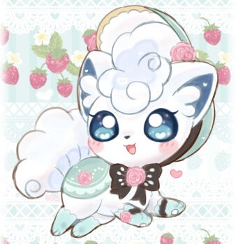 Rule 34 | alolan form, alolan vulpix, alolan vulpix (floral), animal focus, blue eyes, blush, bonnet, bow, bowtie, chibi, chibi only, classic lolita, clothed pokemon, commentary, flower, food, fox, fruit, gen 7 pokemon, highres, lolita fashion, looking at viewer, nintendo, no humans, open mouth, pawpads, pokemon, pokemon (creature), pokemon cafe remix, pokemon focus, rose, shizucha, solo, strawberry