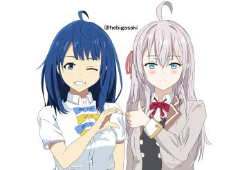 Rule 34 | 2girls, absurdres, ahoge, alisa mikhailovna kujou, blazer, blue bow, blue bowtie, blue eyes, blue hair, bow, bowtie, collared shirt, crossover, dress shirt, grey hair, grey jacket, grin, heart hands failure, hebigasaki, highres, jacket, long hair, looking at viewer, make heroine ga oo sugiru!, medium hair, multiple girls, neck ribbon, one eye closed, red ribbon, ribbon, school uniform, season connection, seiren academy school uniform, shirt, simple background, smile, summer uniform, thumbs up, tokidoki bosotto roshia-go de dereru tonari no alya-san, twitter username, upper body, white background, white shirt, winter uniform, yanami anna, yellow bow, yellow bowtie