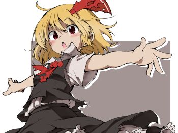 1girl ahoge arms_at_sides ascot black_skirt black_vest blonde_hair blush collared_shirt commentary frilled_skirt frills grey_shirt hair_ribbon highres looking_at_viewer open_mouth outline outstretched_arms red_ascot red_eyes red_ribbon ribbon rumia shinmon_akika shirt short_hair short_sleeves simple_background skirt skirt_set solo spread_arms square torn_ascot torn_clothes torn_vest touhou vest white_shirt wide_sleeves wing_collar
