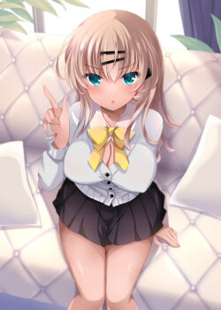 Rule 34 | 1girl, :o, black skirt, blush, breasts, brown hair, cardigan, cleavage, commentary request, couch, curtains, day, female focus, green eyes, hair between eyes, hair ornament, hairclip, hand up, ichiyou moka, index finger raised, indoors, long hair, looking at viewer, medium breasts, on couch, original, parted lips, pillow, pleated skirt, saimin kanojo (ichiyou moka), shirt, sitting, skirt, solo, sunlight, tan, white cardigan, white shirt, window