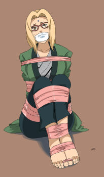 1girl arms_behind_back barefoot bdsm blonde_hair bondage bound bound_ankles bound_arms bound_feet bound_legs bound_toes breast_bondage breasts brown_hair collarbone feet gag gagged glasses highres improvised_gag large_breasts lost_one_zero naruto:_road_to_ninja naruto_(series) naruto_shippuuden sitting sweat tape tape_bondage tape_gag toenails toes tsunade_(naruto)
