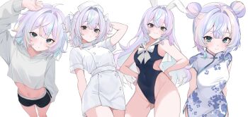 1girl :3 absurdres arm_up bare_arms bare_shoulders black_one-piece_swimsuit black_shorts blue_eyes bow bowtie breasts china_dress chinese_clothes closed_mouth clothing_cutout commentary covered_navel cowboy_shot crop_top cropped_hoodie double_bun dress english_commentary floral_print floral_print_dress gluteal_fold hair_bun hands_on_own_hips hat highleg highleg_one-piece_swimsuit highres hood hoodie indie_virtual_youtuber iridescent_hair long_hair long_sleeves looking_at_viewer medium_breasts midriff mugripley multiple_views navel nurse nurse_cap one-piece_swimsuit print_dress sailor_collar sailor_one-piece_swimsuit short_shorts short_sleeves shorts side_cutout side_slit smile stomach swimsuit thighs two_side_up virtual_youtuber white_dress white_hair white_hoodie white_sailor_collar yuy_(vtuber)