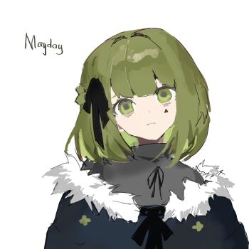 1girl black_jacket black_ribbon english_text facial_mark fur-trimmed_jacket fur_trim green_eyes green_hair grey_background grey_sweater hair_intakes hair_ribbon highres jacket looking_at_viewer medium_hair original ribbon simple_background solo sweater triangle triangle_facial_mark turtleneck turtleneck_sweater upper_body vihua6