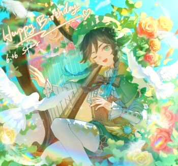 1boy absurdres androgynous aqua_eyes argyle_clothes argyle_pantyhose baggy_shorts beret bird black_bow black_bowtie black_hair blue_hair blue_sky bow bowtie braid brown_corset buttons capelet center_frills chinese_commentary collared_shirt commentary_request corset dated day dot_nose dove english_text feathers feet_out_of_frame floral_print flower frilled_sleeves frills genshin_impact gradient_hair green_capelet green_hat green_shorts grey_shirt happy happy_birthday harp hat highres hood hood_down hooded_capelet instrument lens_flare light_particles long_hair long_sleeves making-of_available male_focus multicolored_hair music on_branch one_eye_closed open_mouth outdoors pantyhose petals pink_flower pink_rose playing_instrument rose rose_petals saphirvia shirt shorts side_braid signature sitting sitting_on_branch sky smile solo sparkle sunlight teeth twin_braids two-tone_hair upper_teeth_only venti_(genshin_impact) white_pantyhose yellow_flower yellow_rose