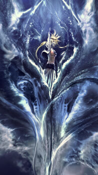 1girl 3d arrancar bad_deviantart_id bad_id bleach blonde_hair breasts dark-skinned_female dark_skin epic female_focus foreshortening highres hollow_(bleach) hydrokinesis large_breasts long_hair mask number_tattoo outstretched_arm realistic resurreccion solo sweat sword tattoo tier_harribel twintails underboob water weapon wen_jr