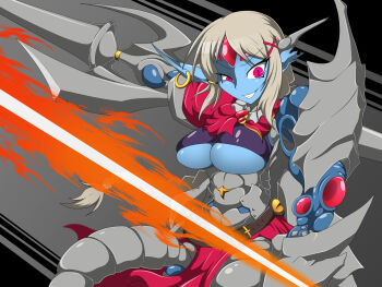 Rule 34 | 1girl, amauchi, armor, armored dress, ascot, asymmetrical ears, ballistic shield, belt, blue skin, breasts, colored skin, commentary request, dress, ear piercing, gem, grey background, grey hair, highres, knightroid (mon-musu quest!), lance, large breasts, missing ear, mon-musu quest!, piercing, pointy ears, polearm, red ascot, red eyes, red gemstone, shield, short hair, slashing, solo, weapon