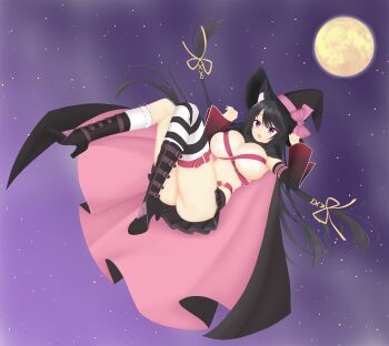 1girl :o absurdres ahoge animal_ears asymmetrical_legwear ayachi_nene ayachi_nene_(cosplay) belt belt_bra black_boots black_cape black_hair black_skirt boots bow breasts breasts_squeezed_together cape commentary_request company_connection cosplay detached_sleeves eyelashes floating_hair fox_ears fox_girl full_body full_moon gluteal_fold hair_ribbon hands_up hat hat_bow highres hoshikawa_kaguya kneehighs knees_together_feet_apart large_breasts long_hair long_sleeves looking_ahead midair miniskirt mismatched_legwear moon night open_mouth outdoors pink_belt pink_bow pink_cape pleated_skirt red_eyes ribbon sanoba_witch sidelocks single_thighhigh skindentation skirt socks solo striped_clothes striped_thighhighs swept_bangs tenshi_souzou_re-boot! thighhighs thighs tsurime two-sided_cape two-sided_fabric very_long_hair white_socks wide_sleeves witch witch_hat yellow_ribbon yoru_yanase yuzusoft