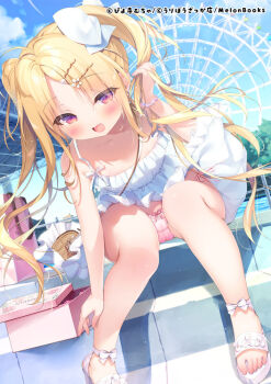1girl :d bag bare_arms bare_shoulders blonde_hair blue_sky blush bow bow_panties cameltoe cloud commentary_request day dress fang ferris_wheel flower frilled_dress frills hair_bow hair_flower hair_ornament hairclip hand_up leaning_forward loli long_hair looking_at_viewer open_mouth original outdoors panties paper_bag parted_bangs pink_panties piyodera_mucha red_eyes sandals shoulder_bag sitting sitting_on_stairs sky sleeveless sleeveless_dress smile solo stairs stone_stairs twintails underwear very_long_hair white_bow white_dress white_flower white_sandals