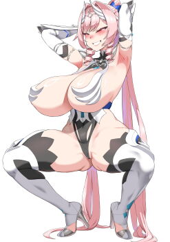 1girl absurdres armpits blush bowlegged_pose breasts cleavage commentary demiurge_luna_(outerplane) english_commentary era_(erasion) gloves high_heels highleg highres huge_breasts leotard long_hair outerplane pink_hair pink_lips red_eyes revealing_clothes simple_background skin_tight smile solo thick_thighs thighhighs thighs very_long_hair white_background