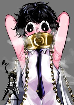 Rule 34 | 1girl, absurdres, arkmist59, armpit crease, armpit focus, armpits, black eyes, black hair, black necktie, chain, cloak, collar, collared shirt, glasses, grey background, highres, limbus company, messy hair, necktie, presenting armpit, project moon, reference inset, shirt, simple background, solo, sora (project moon), steaming body, sweat, white cloak, white shirt
