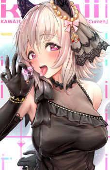 1girl absurdres animal_ears arm_behind_back bangle beads black_choker black_dress black_gloves blush bow bracelet breasts choker cleavage commentary_request cover curren_chan_(sakutsuki_ma_cherie)_(umamusume) curren_chan_(umamusume) dress ear_bow ear_ornament elbow_gloves fellatio_gesture gloves grey_hair hair_ornament headdress heart heart_hair_ornament highres horse_ears horse_girl jewelry kokoa_ninniku large_breasts looking_at_viewer magazine_cover medium_breasts official_alternate_costume open_mouth pink_bow revision ring see-through_cleavage see-through_clothes short_hair sidelocks simple_background solo tongue tongue_out umamusume upper_body white_background