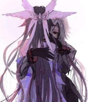 Rule 34 | 2girls, absurdres, arlecchino (genshin impact), bare shoulders, black eyes, black hair, columbina (genshin impact), commentary, fingernails, frilled sleeves, frills, genshin impact, hair ornament, highres, hug, long fingernails, long hair, long sleeves, multiple girls, pink hair, sakurayru, short hair, untranslatable commentary, white background, white hair, wing hair ornament, yuri