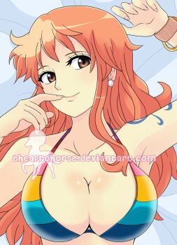 1girl arms_up artist_request bangle bikini bracelet breasts brown_eyes cleavage collarbone earrings eyebrows eyelashes female_focus finger_to_mouth from_above head_tilt jewelry large_breasts log_pose long_hair lying nami_(one_piece) on_back one_piece one_piece_film:_z orange_hair red_hair shiny_skin smile solo striped swimsuit tattoo theafrohorse upper_body watermark web_address web_address_without_path