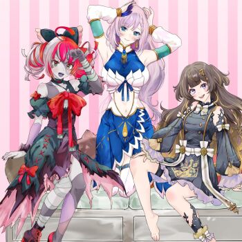 Rule 34 | 3girls, anya melfissa, anya melfissa (1st costume), arm up, armpits, arms up, asymmetrical bangs, bandaged arm, bandages, black bow, black dress, black shoes, blonde hair, blonde streaks, blue dress, blunt bangs, blunt ends, bow, bowtie, braid, breasts, brown hair, center frills, closed mouth, clothing cutout, commentary, cowboy shot, detached sleeves, diamond-shaped pupils, diamond (shape), double-parted bangs, double bun, dress, earrings, english commentary, feather hair ornament, feathers, feet, foot out of frame, frilled skirt, frilled sleeves, frills, gradient hair, green eyes, hair bow, hair bun, hair ornament, heterochromia, highres, hololive, hololive indonesia, holoro, invisible chair, jewelry, kris hair ornament, kureiji ollie, kureiji ollie (1st costume), large breasts, layered skirt, long hair, long sleeves, looking at viewer, mismatched pupils, multicolored hair, multiple girls, navel, open mouth, patchwork skin, pavolia reine, pavolia reine (1st costume), puffy short sleeves, puffy sleeves, purple eyes, red bow, red bowtie, red hair, ribbon, shoes, short sleeves, side braid, single earring, sitting, skin tight, skirt, sleeveless, sleeveless dress, small breasts, smile, stitched arm, stitched face, stitched leg, stitched torso, stitches, stomach cutout, streaked hair, striped background, symbol-shaped pupils, teeth, thigh strap, thighhighs, toes, torn clothes, torn dress, two-tone hair, two side up, upper teeth only, vertical-striped background, very long hair, virtual youtuber, wavy hair, white hair, white thighhighs, wrist ribbon, x-shaped pupils, yellow eyes, zaki zaki zaki, zombie