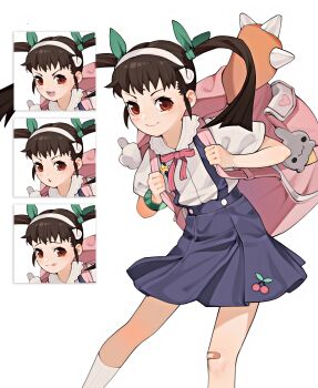 1girl :p absurdres anomarasu backpack bag black_hair flat_chest hachikuji_mayoi highres long_hair looking_at_viewer monogatari_(series) multiple_expressions open_mouth red_eyes skirt smile socks solo suspender_skirt suspenders tongue tongue_out twintails