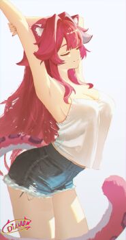 Rule 34 | 1girl, alternate costume, animal ear fluff, animal ears, arm behind head, arm up, armpits, blue shorts, breasts, camisole, cleavage, closed eyes, closed mouth, commentary, cutoffs, denim, denim shorts, diamon (diamonmurly), double-parted bangs, eyelashes, fingernails, from side, hair flaps, hair intakes, highres, hololive, hololive english, large breasts, long hair, multicolored hair, nail polish, panther ears, panther girl, panther tail, pink hair, pink nails, raora panthera, shorts, sidelocks, signature, simple background, solo, spaghetti strap, streaked hair, stretching, tail, thighs, virtual youtuber, white background, white camisole, white hair