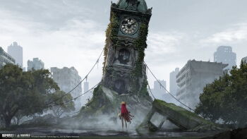 1girl abandoned absurdres animal_ear_headwear black_gloves boots broken_window brown_cape brown_hat brown_shorts building cane cape city clock clock_tower copyright_name copyright_notice dilapidated facing_away fake_animal_ears fanghuo_(xinyue_tongxing) fog from_behind gloves grey_sky hat highres holding holding_cane legs_apart logo long_hair official_art official_wallpaper outdoors overcast overgrown plant red_boots red_hair rubble ruins scenery short_shorts shorts side_cape sky solo standing tower tree very_long_hair vines wide_shot xinyue_tongxing