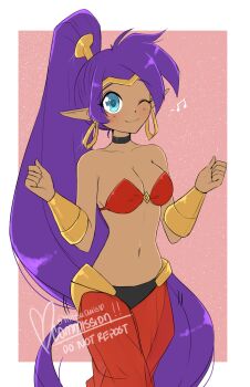 1girl arabian_clothes big_hair commentary commission dark-skinned_female dark_skin earrings english_commentary genie harem_pants highres hoop_earrings jewelry mitsuchiis o-ring o-ring_top pants pointy_ears purple_hair shantae shantae_(series)