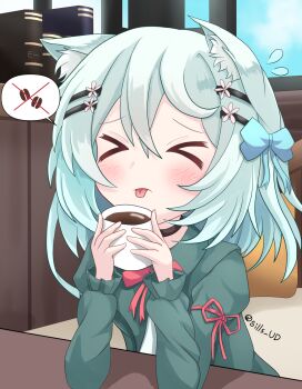 >_< 1girl animal_ear_fluff animal_ears artist_name black_choker blue_bow blue_dress blue_hair bow choker closed_eyes closed_mouth coffee commentary_request cup dress flying_sweatdrops hair_bow hair_ornament hairclip highres holding holding_cup long_sleeves medium_hair original parallel_hairclips puffy_sleeves sills solo speech_bubble spoken_object tongue tongue_out twitter_username