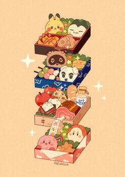 Rule 34 | :3, animal crossing, animal focus, apple, artist name, bento, boned meat, bottle, bread, closed mouth, commentary, dango, egg, english commentary, fang, food, food focus, fruit, fruit sandwich, gen 1 pokemon, highres, jauni (tofublock), k.k. slider (animal crossing), kirby, kirby (series), lettuce, magikarp, maxim tomato, meat, milk bottle, nintendo, no humans, onigiri, open mouth, orange background, pikachu, pokemon, pokemon (creature), shrimp, shrimp tempura, simple background, snorlax, solid circle eyes, sparkle, taiyaki, tempura, tommy (animal crossing), triangle mouth, waddle dee, wagashi