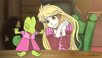 1girl ahoge alternate_costume alternate_hairstyle blonde_hair chair clothed_pokemon dress eyelashes female_focus flat_chest gen_3_pokemon hair_down hands_up happy head_tilt indoors long_dress long_hair long_sleeves looking_at_another nintendo own_hands_together parody pink_dress pokemon pokemon_(creature) pokemon_adventures purrrloin rapunzel_(disney) sitting smile standing_on_object table treecko very_long_hair wooden_chair wooden_table yellow_(pokemon) yellow_eyes