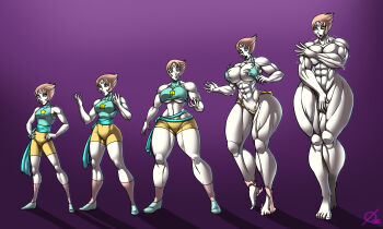 1girl absurdres barefoot blue_eyes breast_expansion breasts colored_skin completely_nude covering_breasts covering_privates curvy female_focus forehead_jewel full_body height_growth highres large_breasts looking_at_viewer muscle_growth muscular muscular_female nude osmar-shotgun pearl_(steven_universe) pink_hair sequential short_hair solo steven_universe sweat thick_thighs thighs torn_clothes white_skin wide_hips