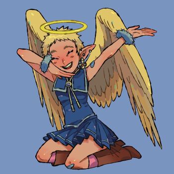 1girl alexis_(diansakhu) angel angel_wings bandaid bandaid_on_arm bandaid_on_knee bandaid_on_leg blonde_hair blue_background blue_skirt blush boots brown_boots closed_eyes commentary diansakhu ear_piercing earrings english_commentary eyelashes feathered_wings full_body halo jewelry kneeling open_mouth original piercing pink_socks pointy_ears scrunchie shirt short_hair simple_background skirt sleeveless sleeveless_shirt smile socks solo very_short_hair wings wrist_scrunchie yellow_wings