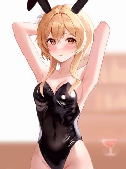 1girl absurdres animal_ears arms_behind_head arms_up bare_arms bare_hips bare_shoulders black_leotard blonde_hair blurry blurry_background blush breasts brown_background cleavage closed_mouth collarbone commentary_request covered_navel double-parted_bangs fake_animal_ears flower genshin_impact hair_flower hair_ornament highres leotard long_sidelocks looking_at_viewer lumine_(genshin_impact) medium_breasts medium_hair playboy_bunny rabbit_ears ryu_o sidelocks solo upper_body white_background yellow_eyes