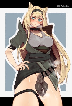 1futa academic_test animal_ears arknights bar_censor black_hairband blonde_hair blush breasts breath censored covered_erect_nipples cowboy_shot cum dark_penis ejaculation erection foreskin futanari green_eyes green_jacket grey_tank_top hairband hand_on_own_hip highres horn_(arknights) jacket large_breasts large_testicles long_hair looking_at_viewer medium_penis mirin_chikuwa no_panties parted_lips penis phimosis projectile_cum solo steaming_body tank_top testicles testicles_clench thigh_strap twitter_username wolf_ears